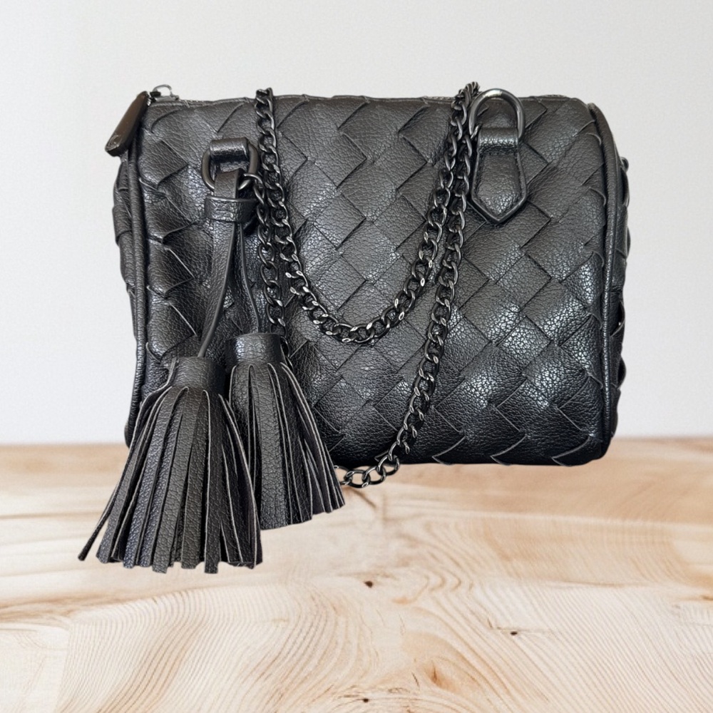 Charming Charlie Black Woven Faux Leather Tassel Purse Chain Handle